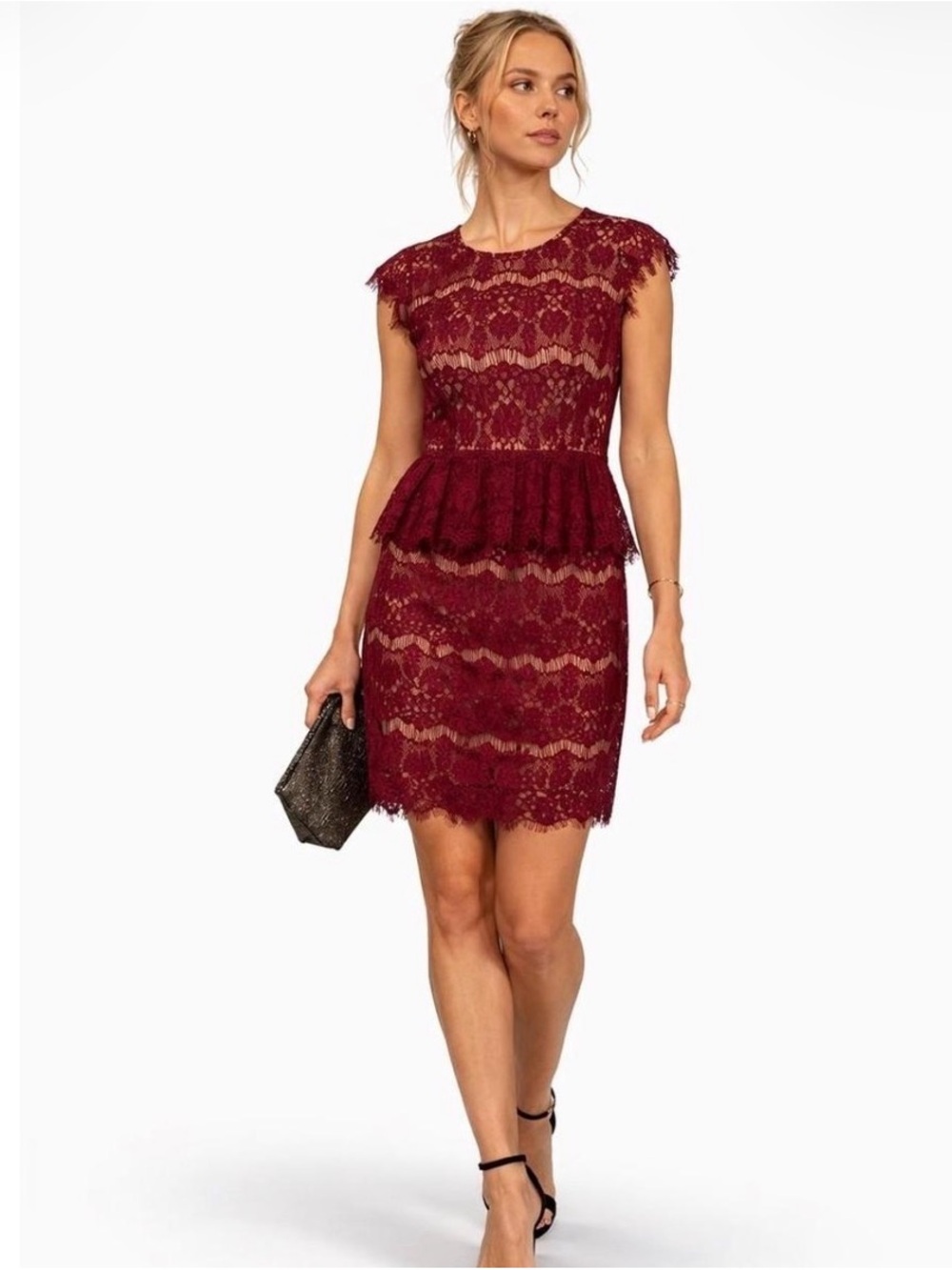 Anthropologie Maeve Elsa Lace Peplum Dress Burgundy Size XS